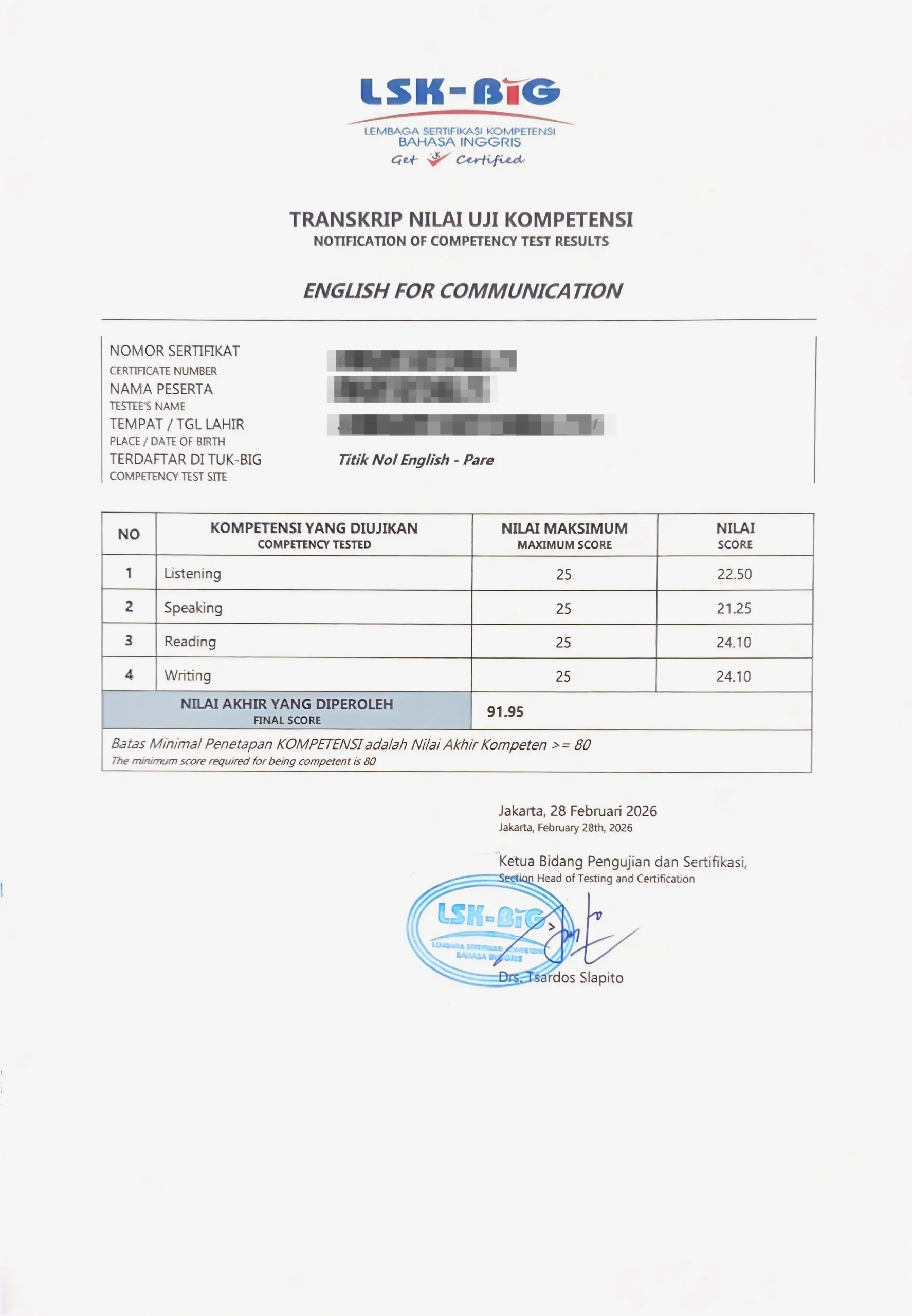 Contoh Sertifikat Kompetensi (Belakang)- Program Sertifikasi Bahasa Inggris Contoh Sertifikat Kompetensi (Belakang)- Program Sertifikasi Bahasa Inggris