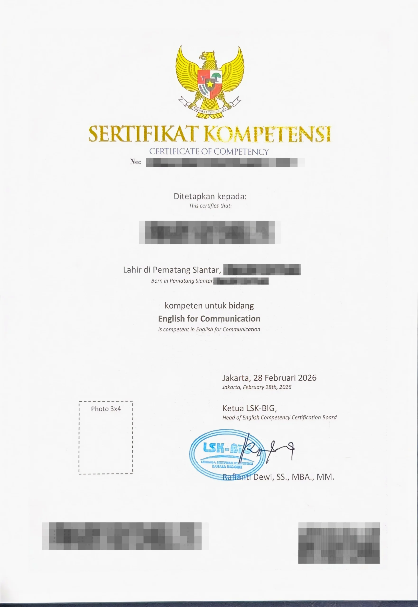 Contoh Sertifikat Kompetensi (Depan)- Program Sertifikasi Bahasa Inggris Contoh Sertifikat Kompetensi (Depan)- Program Sertifikasi Bahasa Inggris